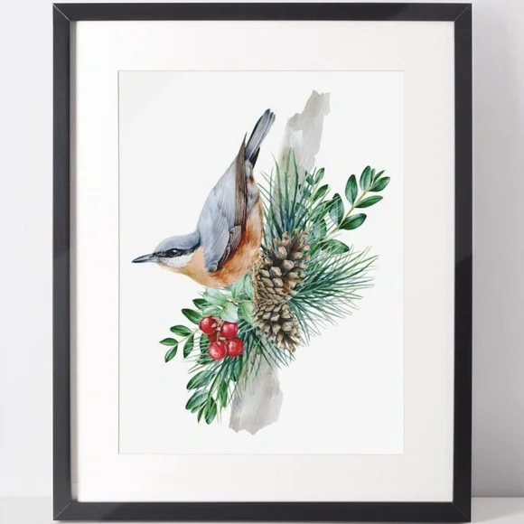 Nuthatch Bird Wall Art Watercolor Illustration Print Poster Card Unframed - Picture 2 of 7